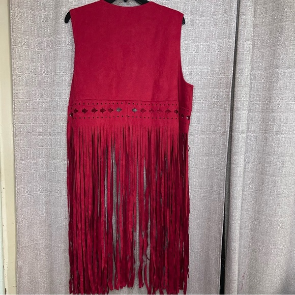 Red Fringe Vest Western Boho Festival Style Women’s 2XL Faux Suede - Picture 3 of 7
